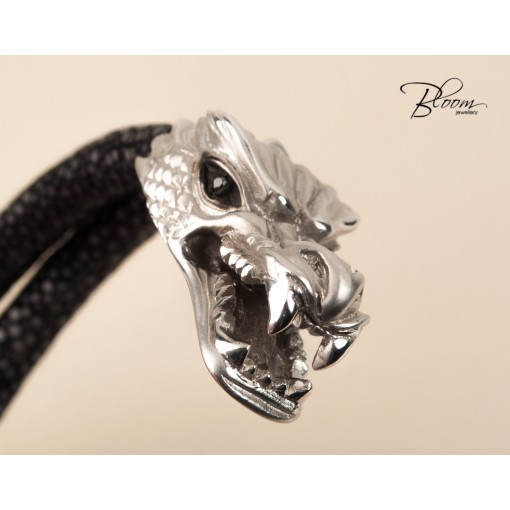 Treasure Keeper Dragon Bracelet 18K White Gold Black Diamond Eyes and Stingray Leather Cord Bloom Jewellery